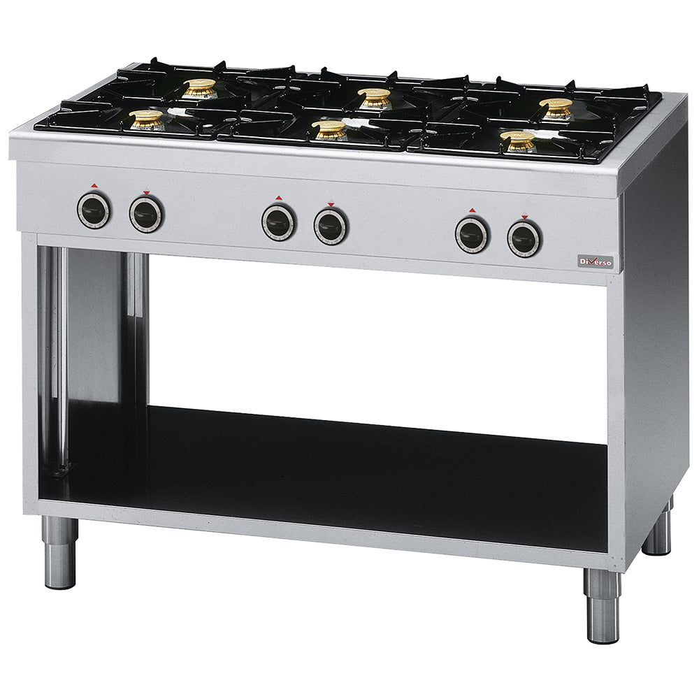 Fourneau Diverso avec 6 feux vifs sur armoire ouverte, appareil de cuisson professionnel en acier inoxydable.