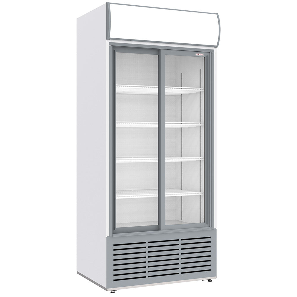 Vitrine ventilée positive blanche pour bouteilles et canettes, 783L, 2 portes coulissantes, avec caisson lumineux.