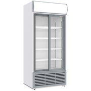 Vitrine ventilée positive, 783 litres, 2 portes coulissantes, avec caisson lumineux, BLANCHE