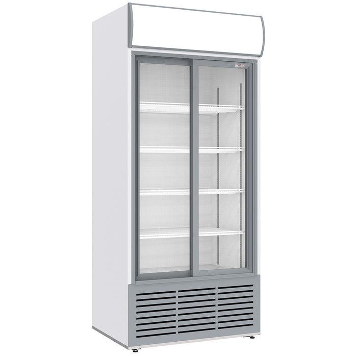 Vitrine ventilée positive, 783 litres, 2 portes coulissantes, avec caisson lumineux, BLANCHE