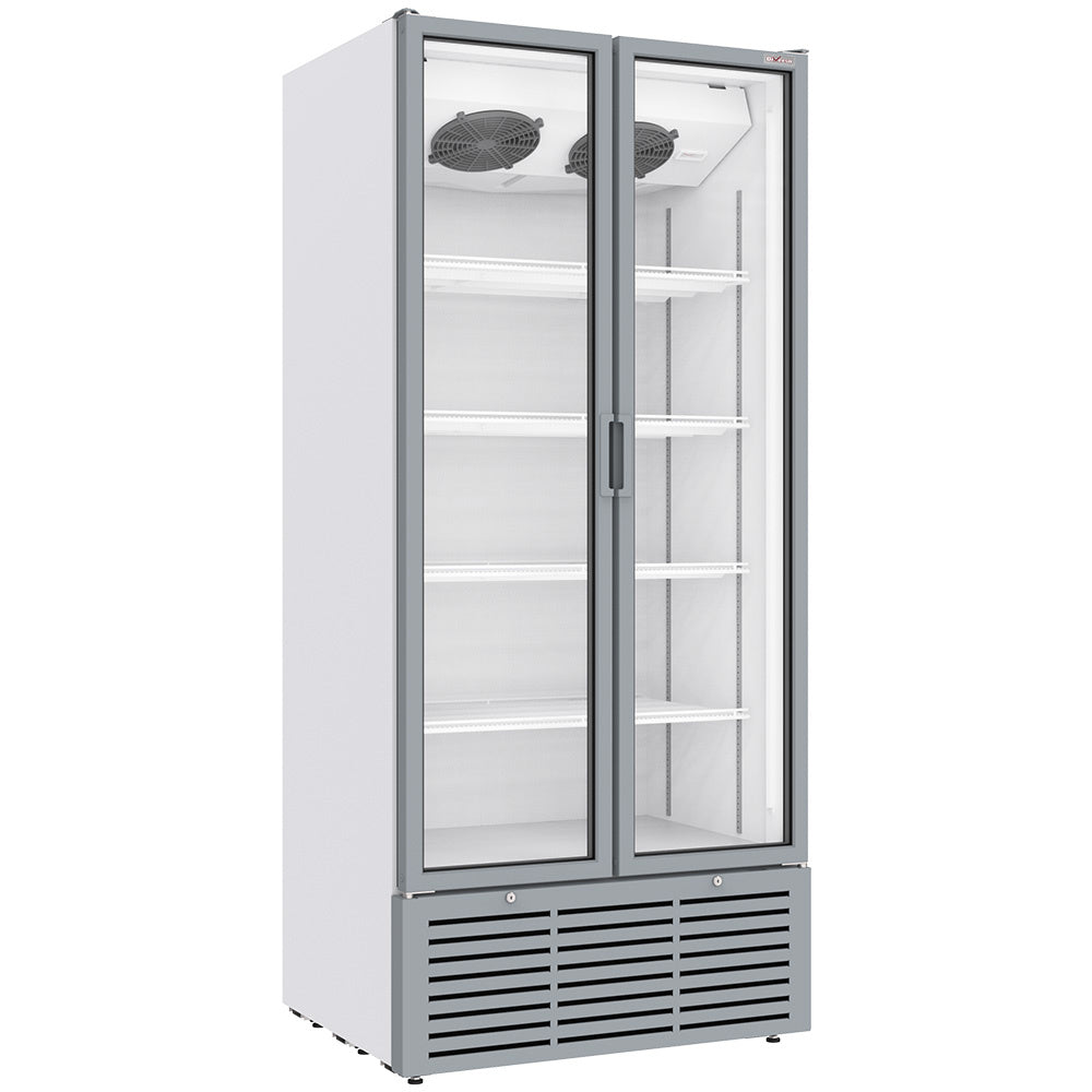 Vitrine ventilée positive Diverso pour bouteilles et canettes, 804 litres, 2 portes battantes, blanche.