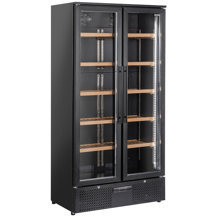 Vitrine cave à vins Diverso noire avec double porte, capacité de 460 L, température unique, affichée dans une cuisine moderne.