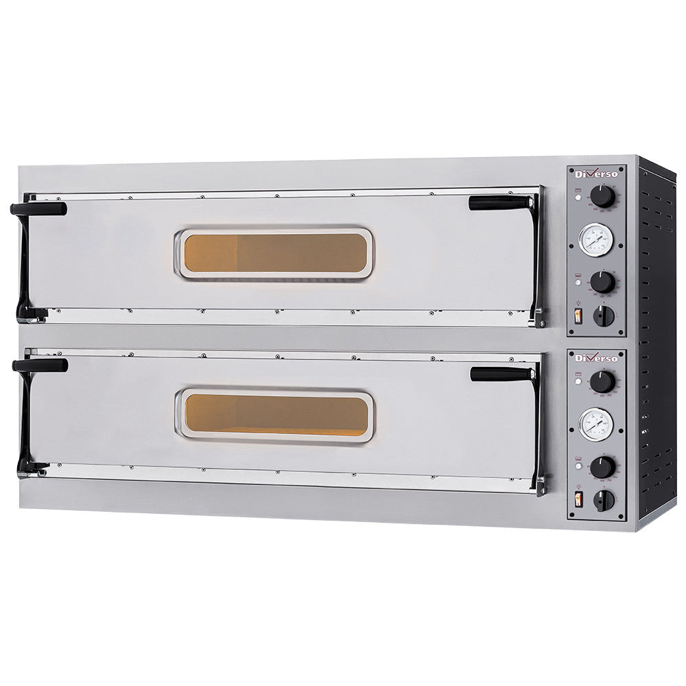 Four électrique Diverso pour 2x 3 pizzas, chambre double 1080x410mm, diamètre 350mm, capacité et fonctionnalités.
