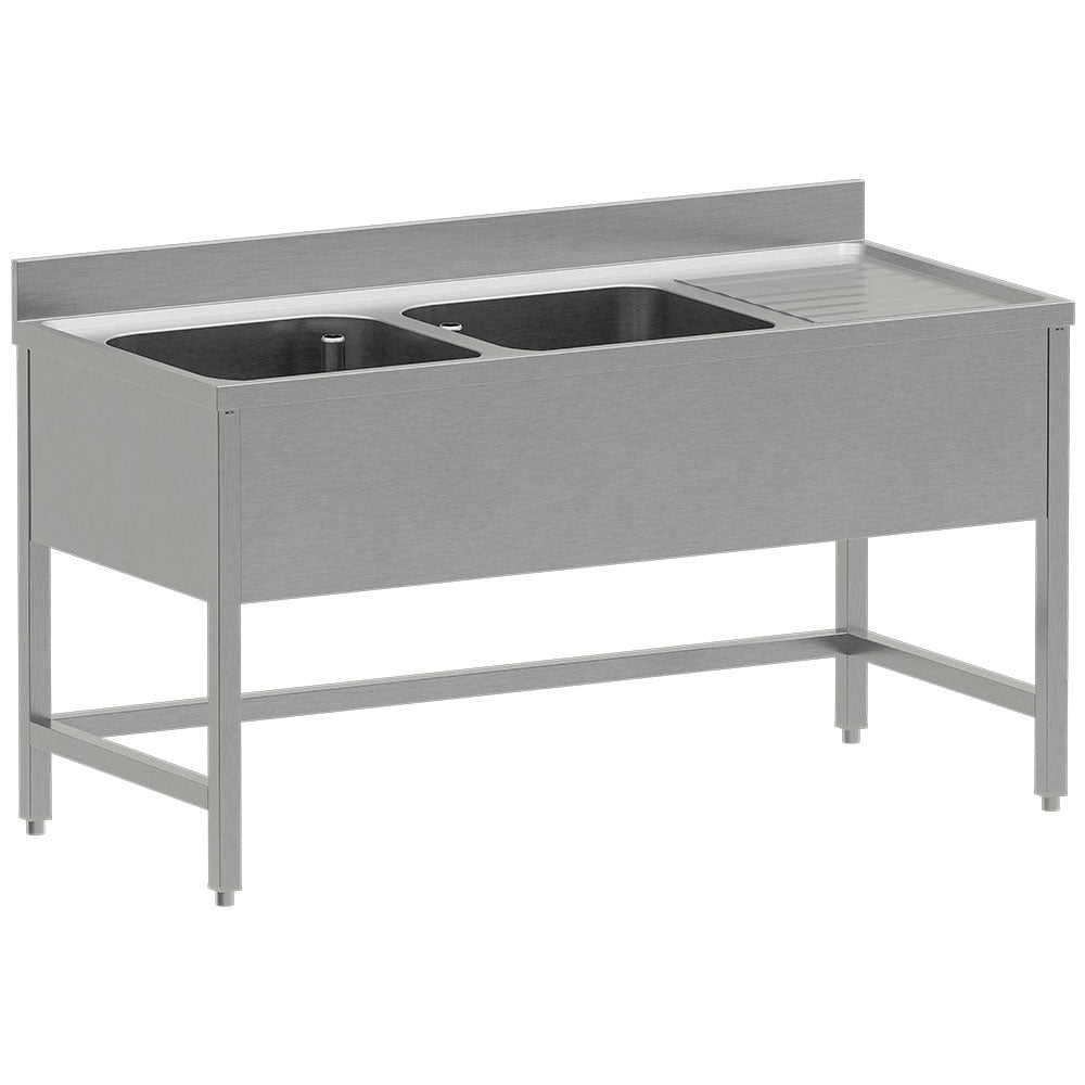 Plonge inox ECO 2 cuves égouttoir droite, sans sous-tablette inférieure