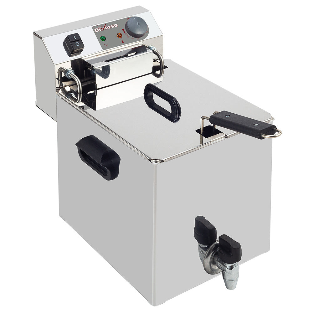 Friteuse électrique de table Diverso 10L avec robinet de vidange, plaque en acier inoxydable et poignée de contrôle.