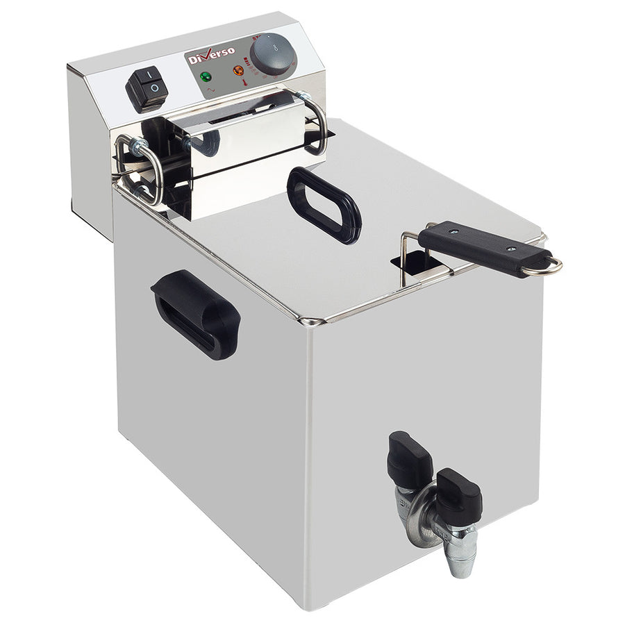 Friteuse électrique de table Diverso 10L avec robinet de vidange, plaque en acier inoxydable et poignée de contrôle.