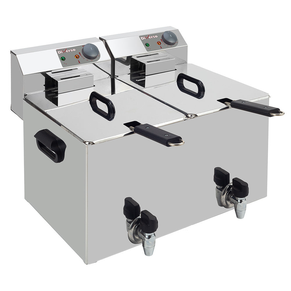 Friteuse électrique de table Diverso avec deux cuves de 8 litres et robinet de vidange pour une cuisson pratique.