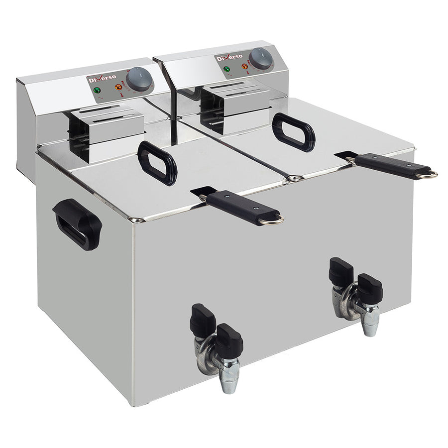 Friteuse électrique de table Diverso avec deux cuves de 8 litres et robinet de vidange pour une cuisson pratique.