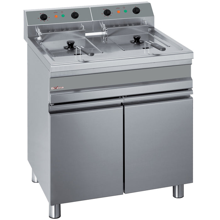 Friteuse électrique Diverso avec 2 cuves de 14 litres sur armoire pour cuisson professionnelle.