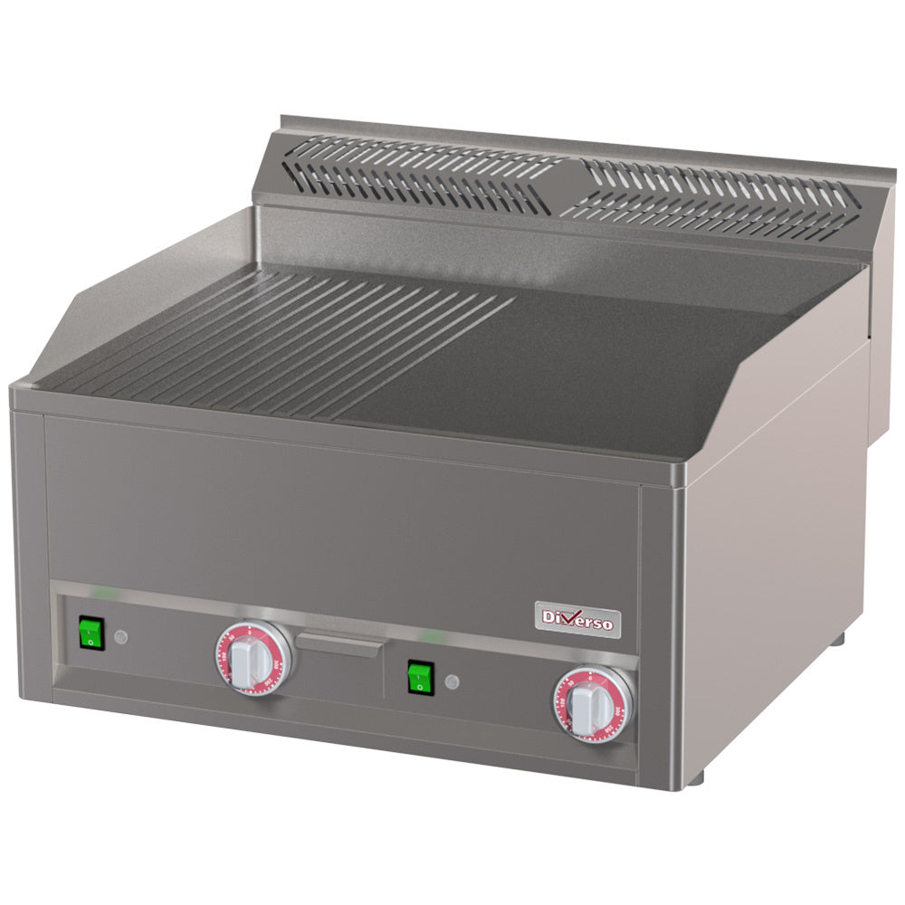 Plaque de cuisson électrique double Diverso, moitié rainurée, moitié lisse, surface en acier inoxydable, design moderne.