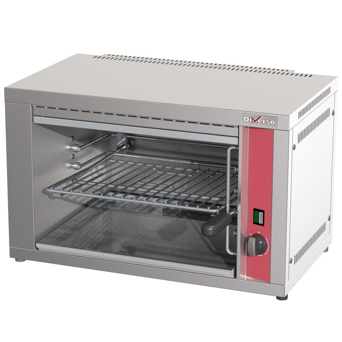 Salamandre électrique Diverso avec grille réglable par levier, design compact et fonctionnel pour chauffage réglable.