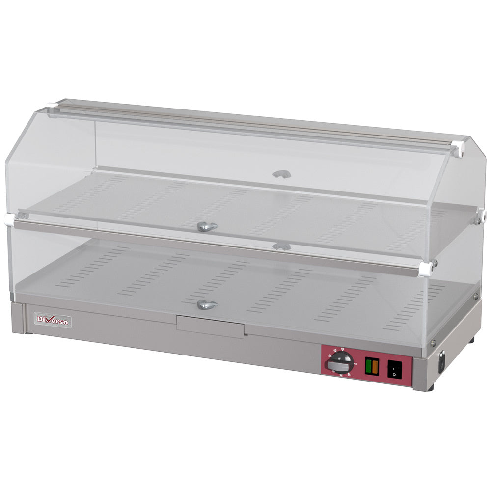 Vitrine chauffante à poser Diverso à 2 niveaux, longueur 800 mm, en verre avec étagères pour présentation de produits.