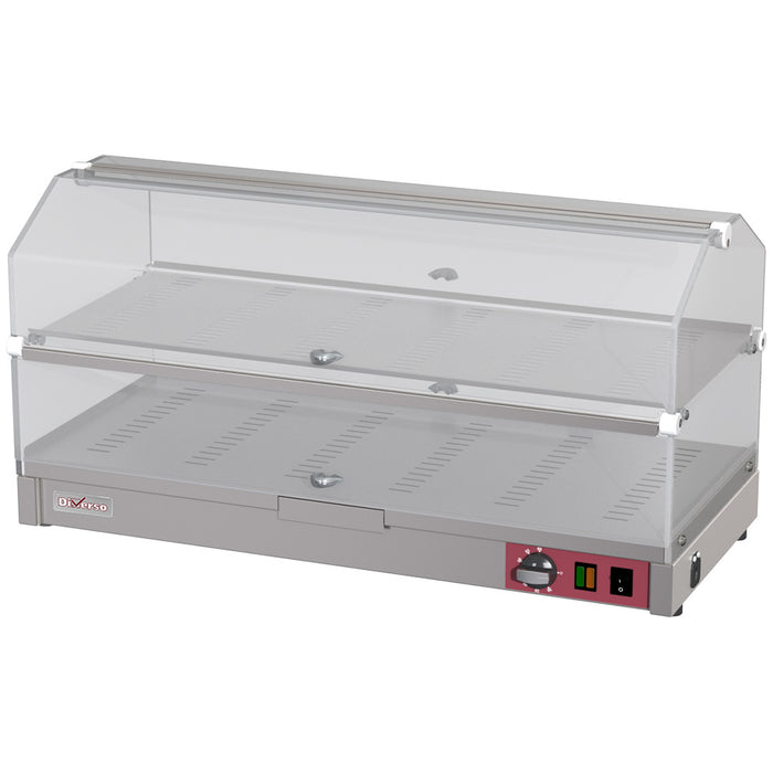 Vitrine chauffante à poser Diverso à 2 niveaux, longueur 800 mm, en verre avec étagères pour présentation de produits.