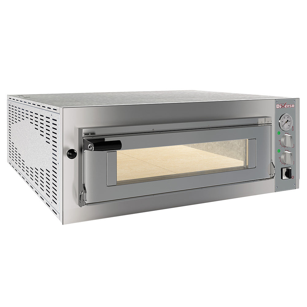 Four électrique pour pizzas de 350 mm, chambre de cuisson 700x700 mm, marque Diverso, image montrant l'intérieur et la chambre.