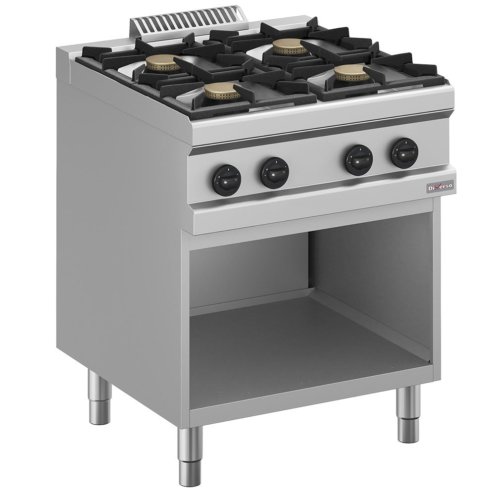 Fourneau à gaz 4 feux sur armoire ouverte Diverso, avec boutons de contrôle visibles et surface en acier inoxydable.