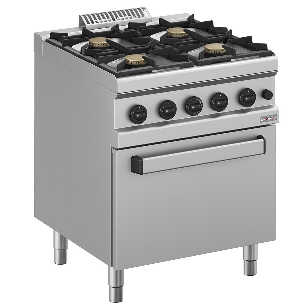 Fourneau gaz Diverso à 4 feux Vifs sur four gaz GN 2/1, surface en acier inoxydable avec boutons de commande.