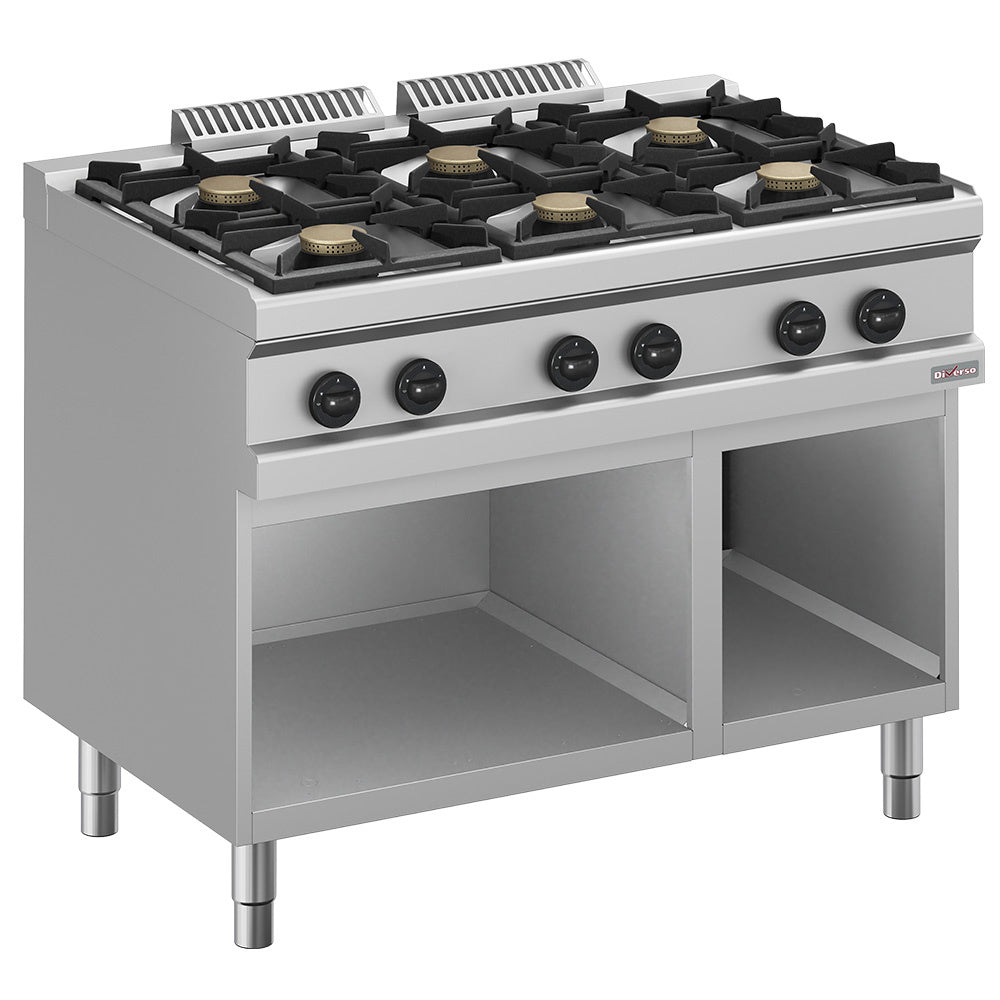 Fourneau gaz à 6 feux Diverso sur armoire ouverte, avec boutons de commande et plaque de cuisson en acier inoxydable.