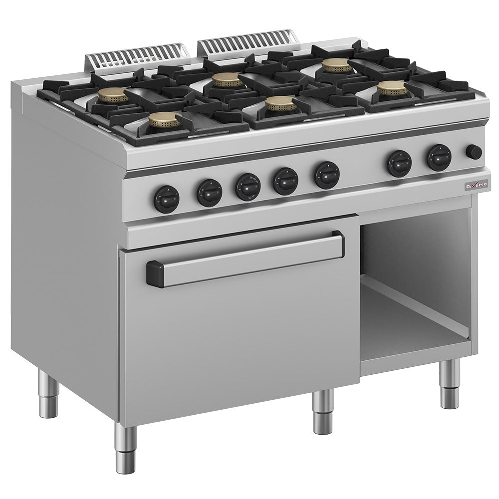 Fourneau à gaz Diverso à 6 feux avec four gaz GN 2/1 et armoire, surface en inox et commandes visibles.