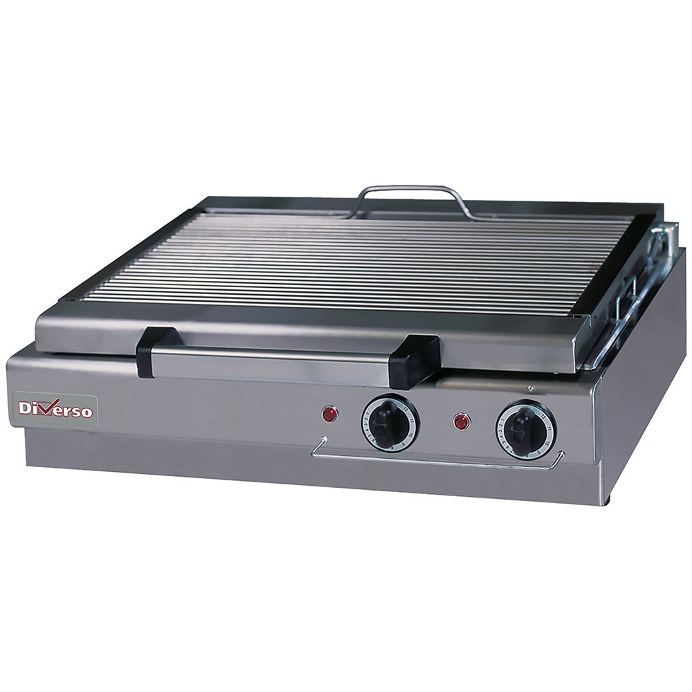 Grill-vapeur électrique de table Diverso, version compacte avec couvercle en acier inoxydable et plaques de cuisson en contact.