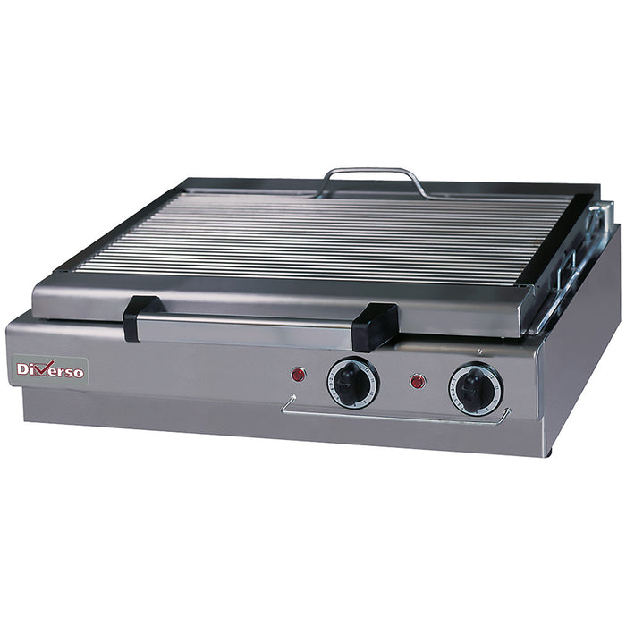 Grill-vapeur électrique de table Diverso, version compacte avec couvercle en acier inoxydable et plaques de cuisson en contact.