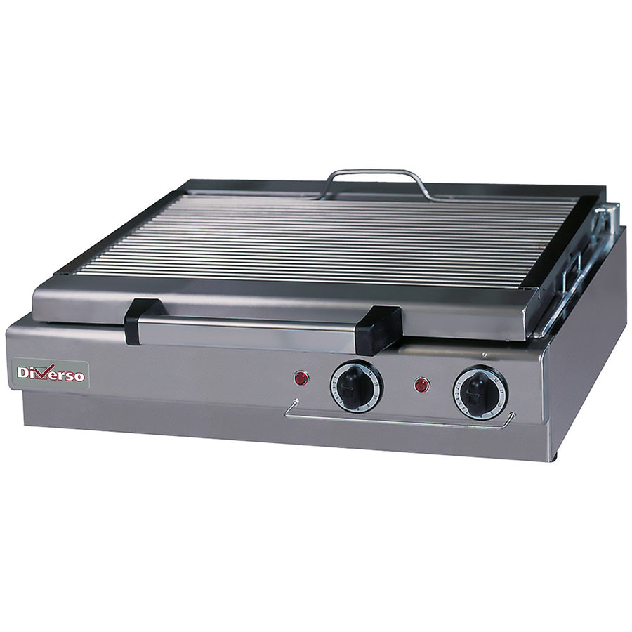 Grill-vapeur électrique de table Diverso, version compacte avec couvercle en acier inoxydable et plaques de cuisson en contact.