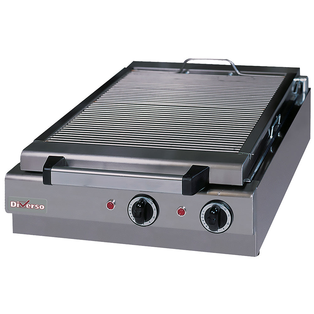 Grill-vapeur électrique de table Diverso, version de table avec plaque en acier inoxydable et couvercle en verre, pour cuisson saine.