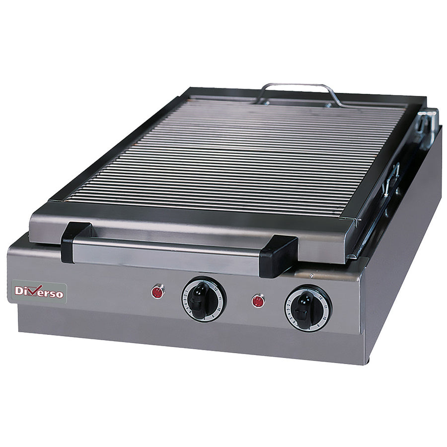 Grill-vapeur électrique de table Diverso, version de table avec plaque en acier inoxydable et couvercle en verre, pour cuisson saine.
