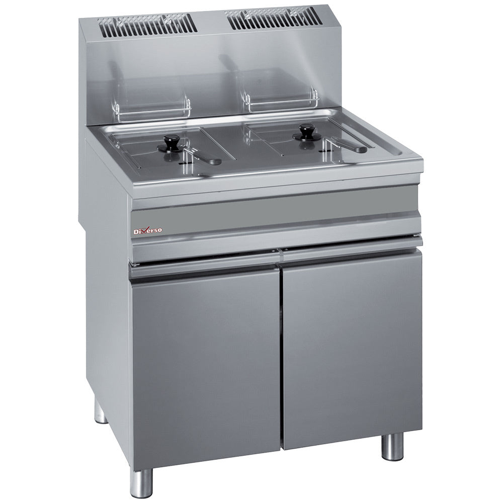 Friteuse gaz Diverso à 2 cuves de 15 litres sur armoire, version sur meuble, vue en gros plan.
