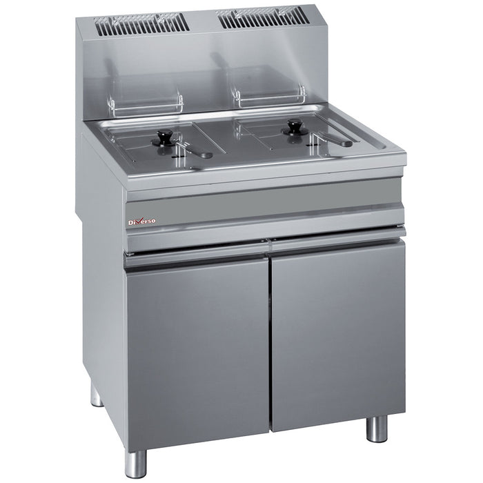 Friteuse gaz Diverso à 2 cuves de 15 litres sur armoire, version sur meuble, vue en gros plan.