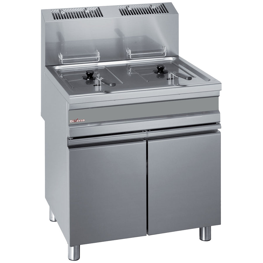 Friteuse gaz Diverso à 2 cuves de 15 litres sur armoire, version sur meuble, vue en gros plan.