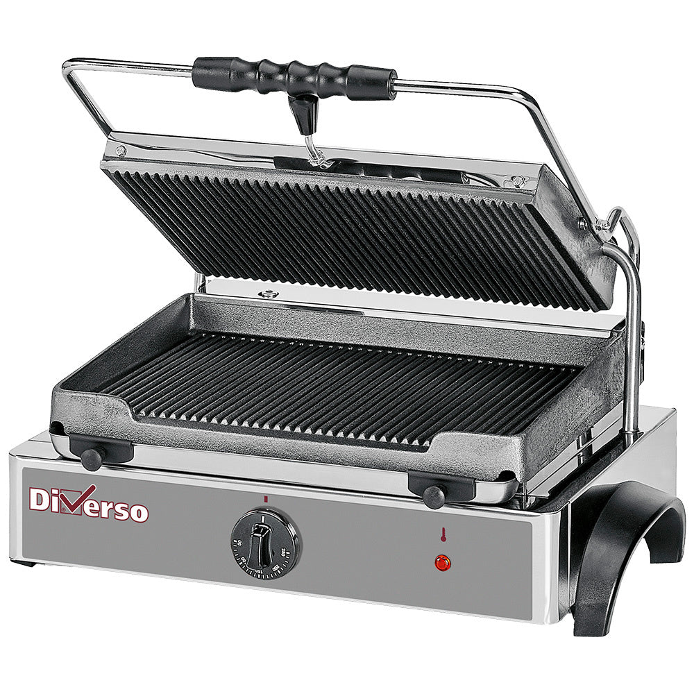 Grille-panini électrique Diverso moyen avec plaques rainurées pour sandwichs chauds et grillés.