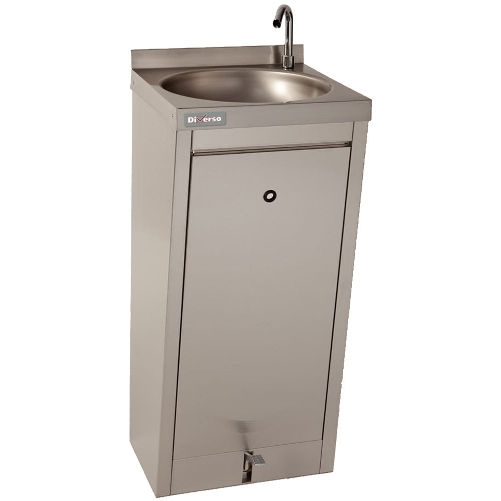 Lave-mains sur pieds en inox pour l'hygiène, mobilier Diverso, visible avec robinet et surface en acier inoxydable.