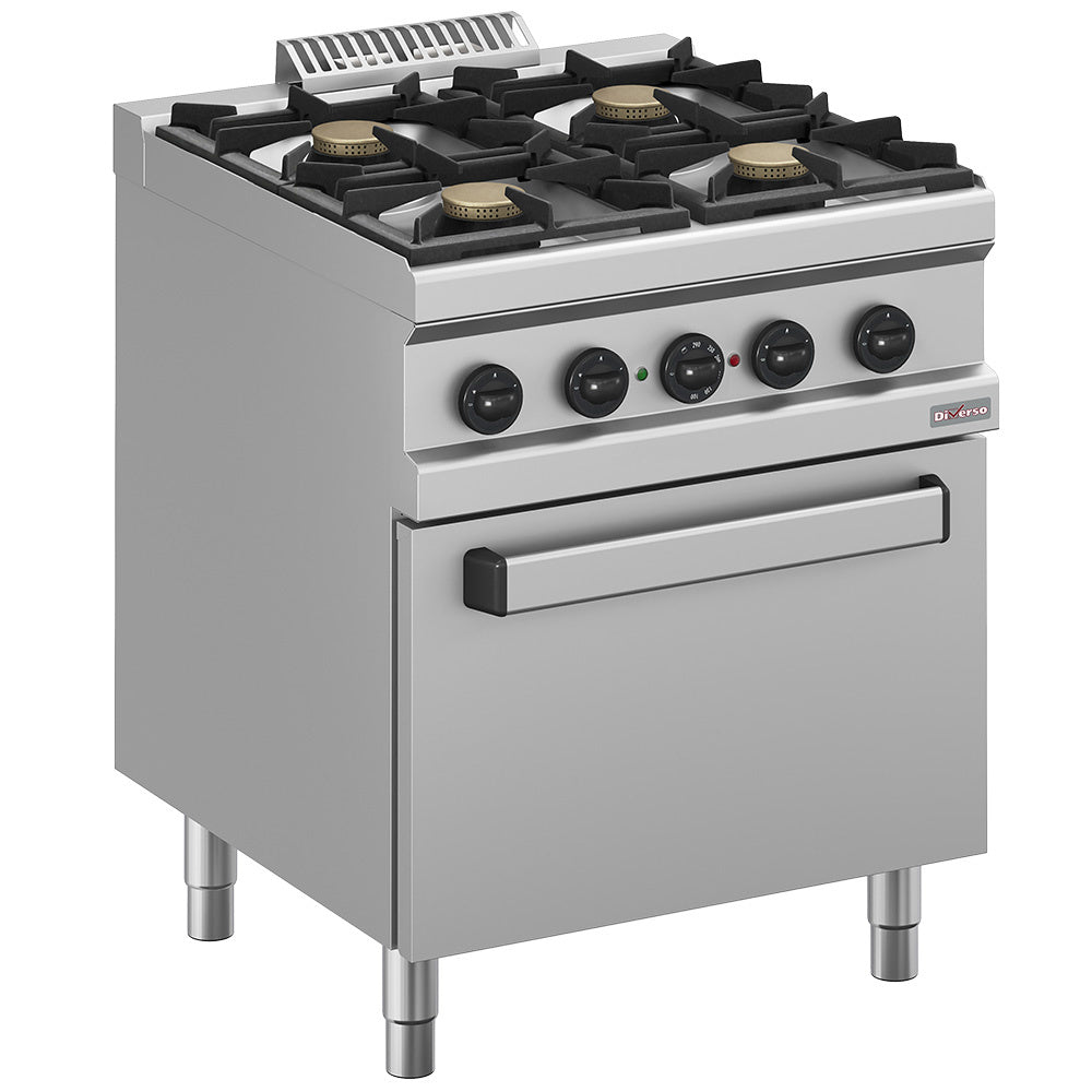 Fourneau gaz 4 feux et électrique à convection Diverso, grand four GN 1/1 pour cuisson professionnelle.