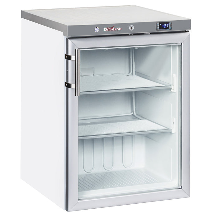 Congélateur statique blanc Diverso avec porte vitrée de 200 litres, intérieur visible, pour stockage alimentaire.