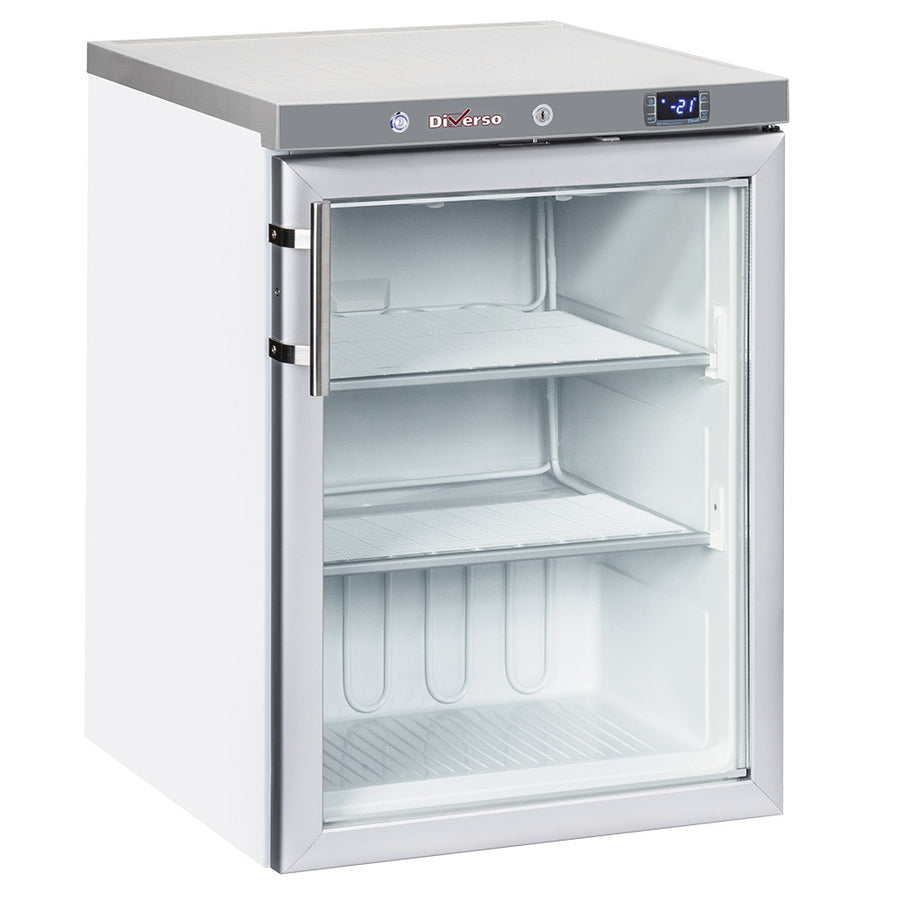 Congélateur statique blanc Diverso avec porte vitrée de 200 litres, intérieur visible, pour stockage alimentaire.