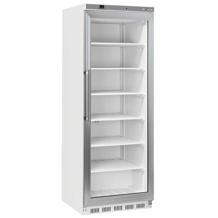 Armoire congélateur Diverso de 400L avec porte vitrée en blanc, stockage statique pour aliments congelés.