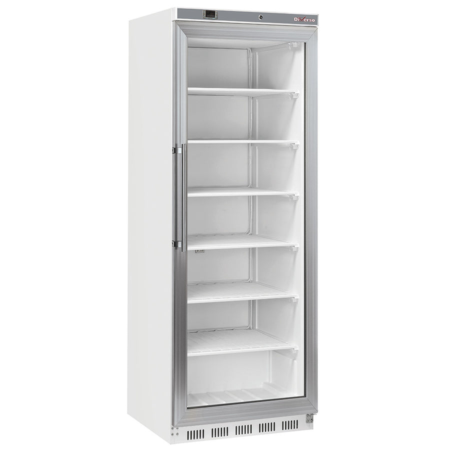 Armoire congélateur Diverso de 400L avec porte vitrée en blanc, stockage statique pour aliments congelés.