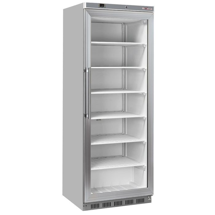 Armoires congélation Diverso, congélateur 400L en acier inox avec porte vitrée, stockage statique, grande capacité.