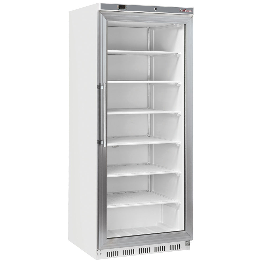 Armoire congélateur Diverso blanc de 600 litres avec porte vitrée, système de refroidissement statique, vue de face.