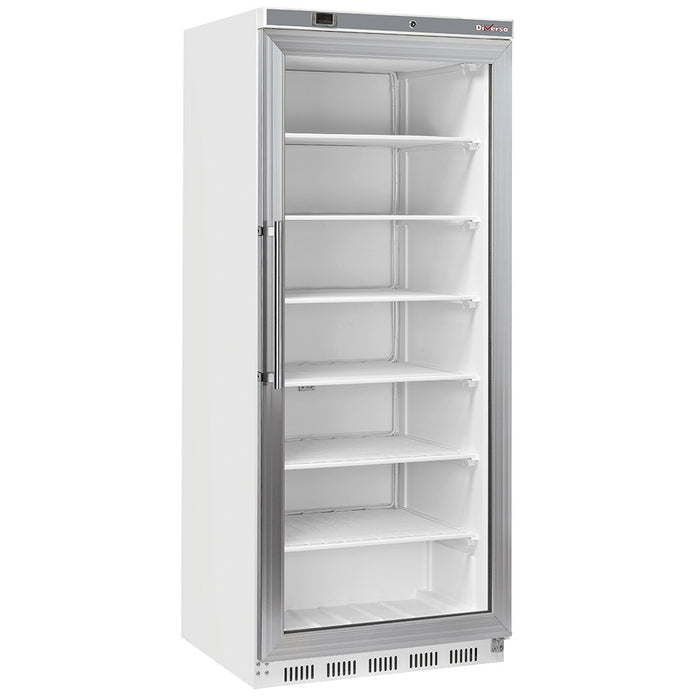 Armoire congélateur Diverso blanc de 600 litres avec porte vitrée, système de refroidissement statique, vue de face.