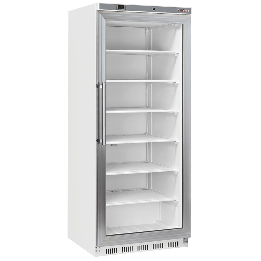 Armoire congélateur Diverso blanc de 600 litres avec porte vitrée, système de refroidissement statique, vue de face.