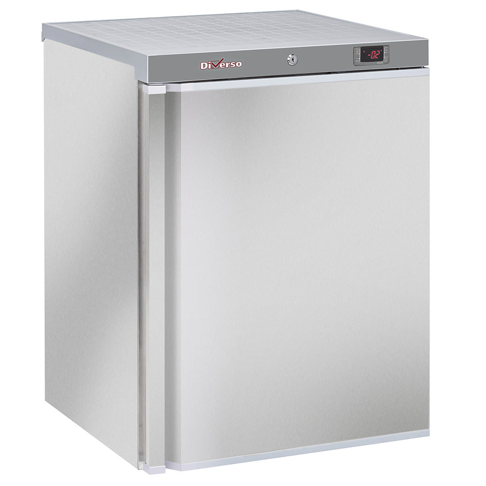 Congélateur statique Diverso de 200 litres en acier inox, vue en gros plan avec porte et poignées visibles.