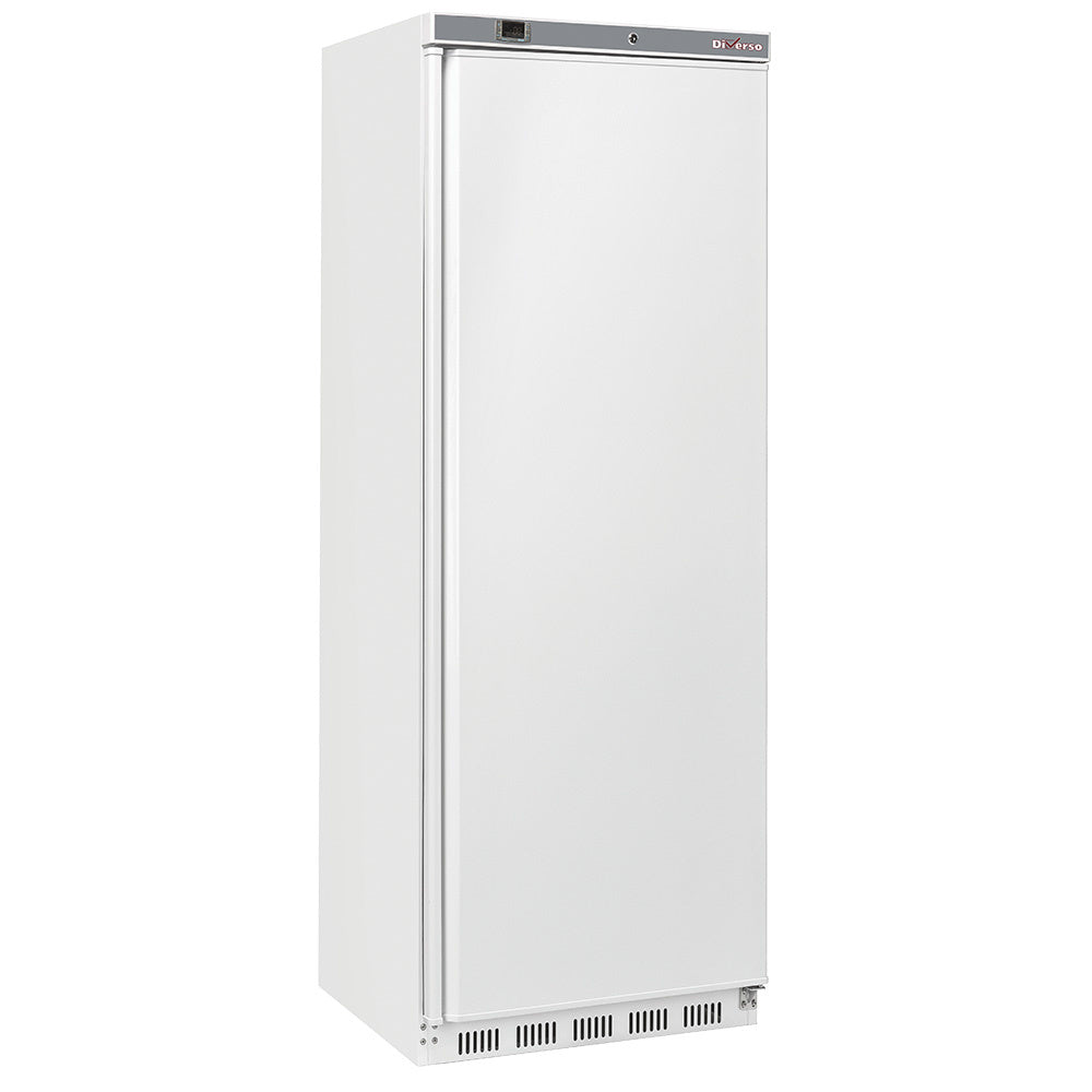 Armoire congélateur blanche Diverso, statique de 400 litres, ouverte, montrant l'intérieur avec compartiments de rangement.