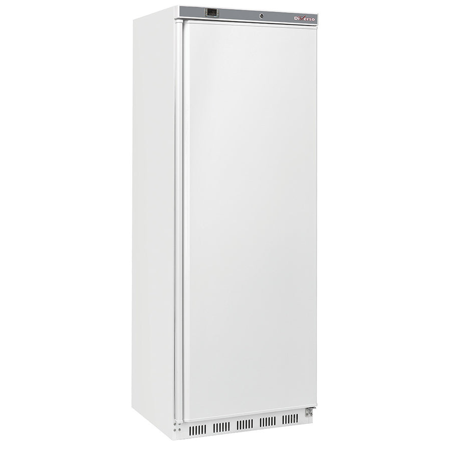 Armoire congélateur blanche Diverso, statique de 400 litres, ouverte, montrant l'intérieur avec compartiments de rangement.