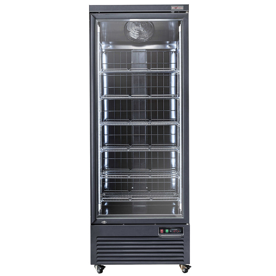 Vitrine freezer verticale noire pour bouteilles et canettes, capacité de 560 litres, marque Diverso, porte en verre.