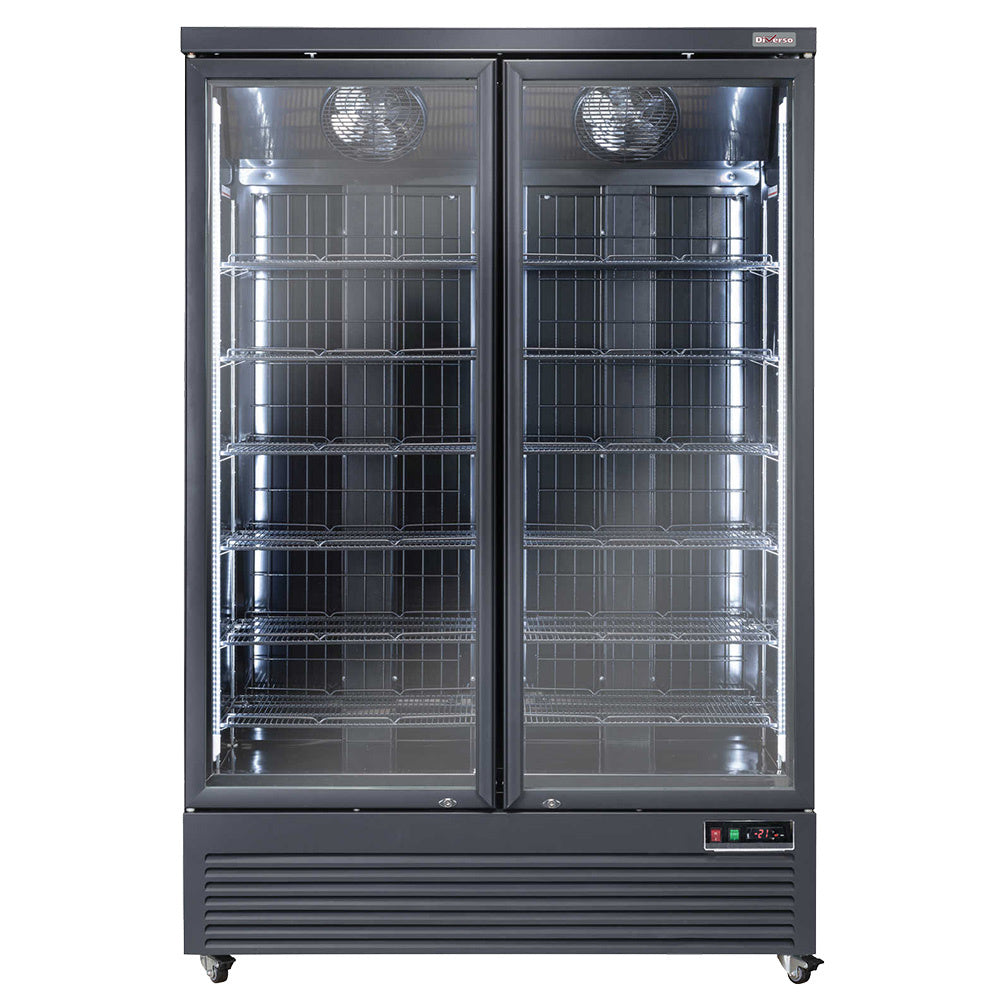 Vitrine congelateur verticale noire pour bouteilles et canettes, capacité de 1084 litres, marque Diverso.
