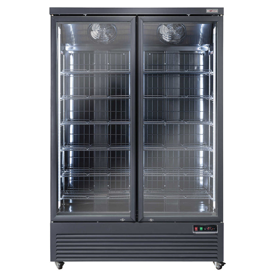 Vitrine congelateur verticale noire pour bouteilles et canettes, capacité de 1084 litres, marque Diverso.