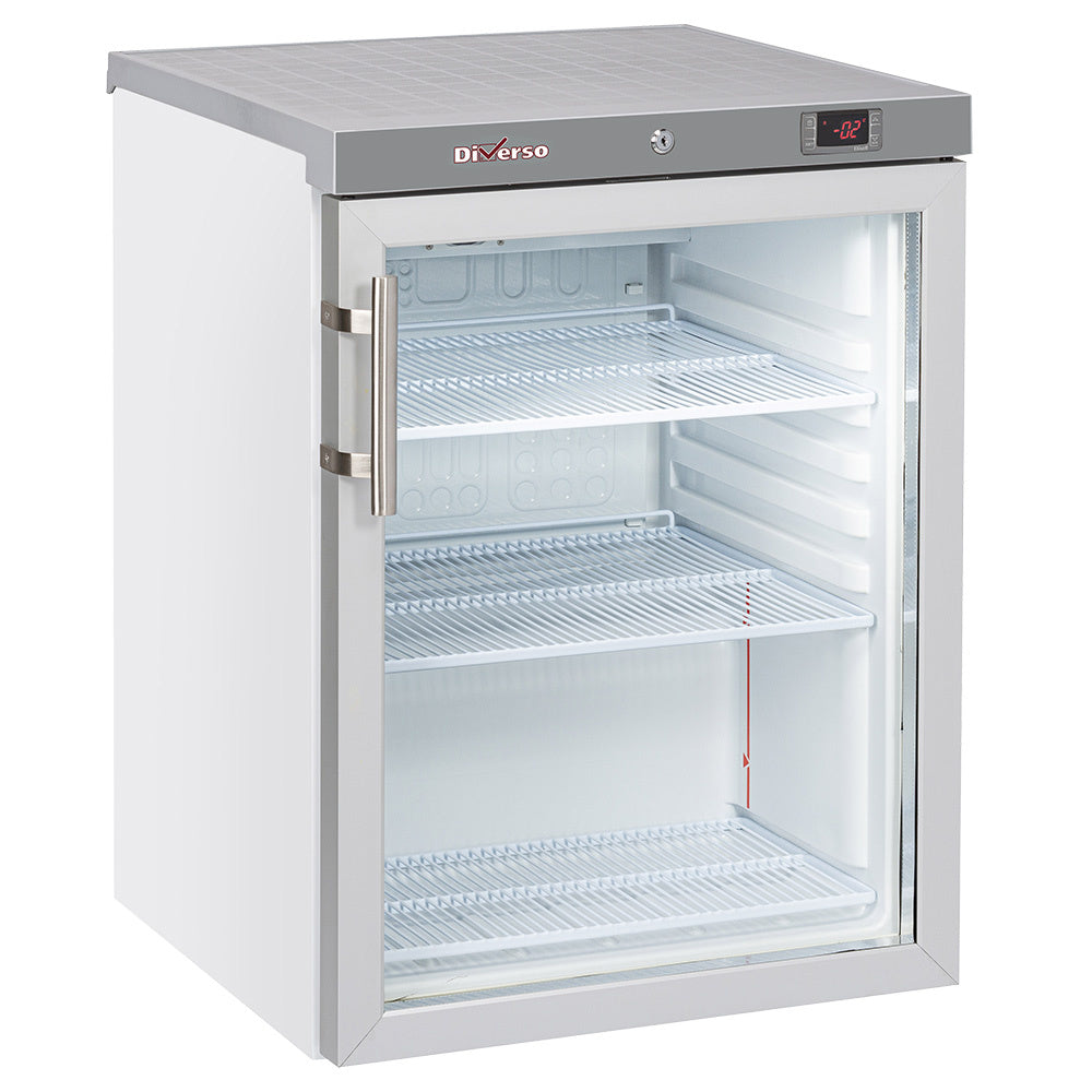 Réfrigérateur vitré ventilé blanc de 200 litres de la marque Diverso, porte en verre transparent visible dans l'image.