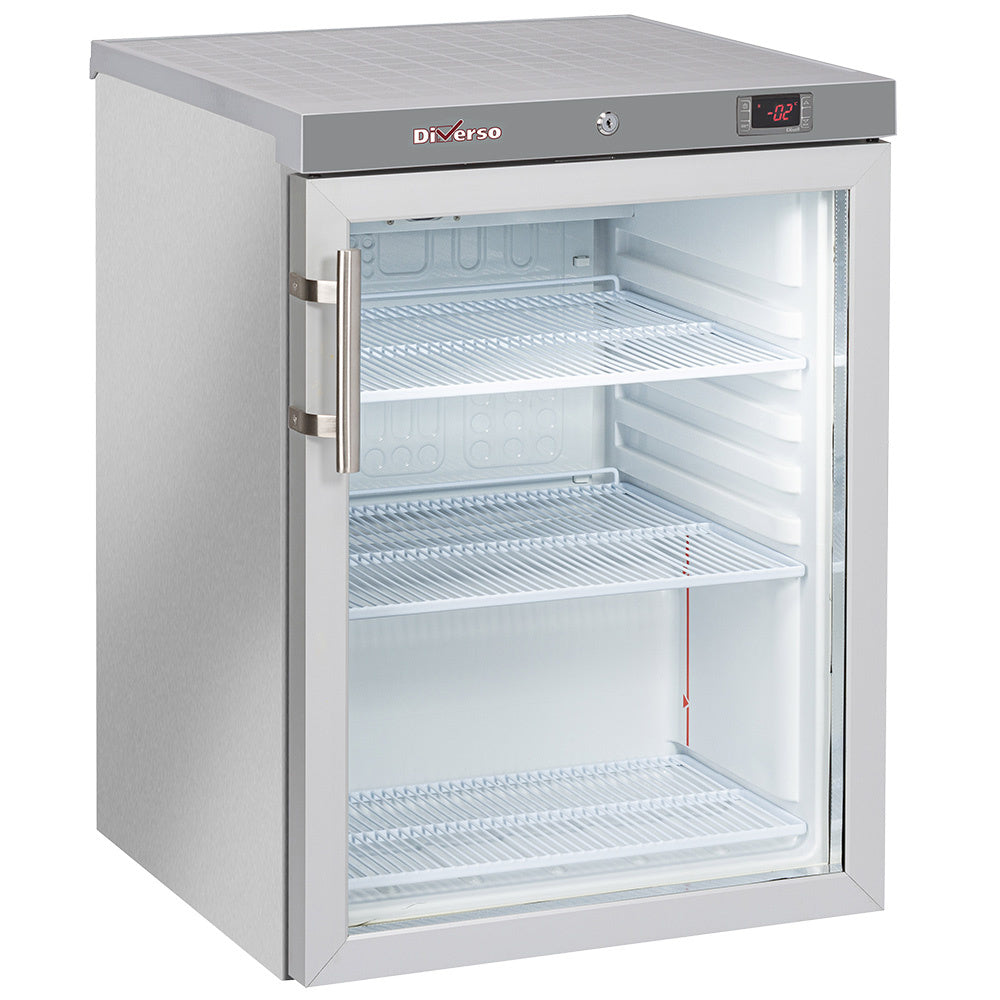 Frigo vitré ventilé Diverso de 200L en acier inox, porte vitrée pour afficher les produits.