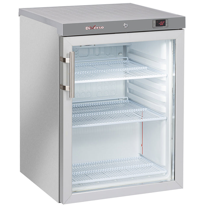 Frigo vitré ventilé Diverso de 200L en acier inox, porte vitrée pour afficher les produits.